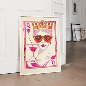 Queen of hearts maximalist poster, Dopamine wall decor, Funky art prints quirky wall art, Maximalist home hot pink decor lucky you wall art