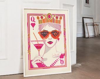 Póster de la Reina de Corazones, Arte maximalista funky rosa intenso (Descarga digital)