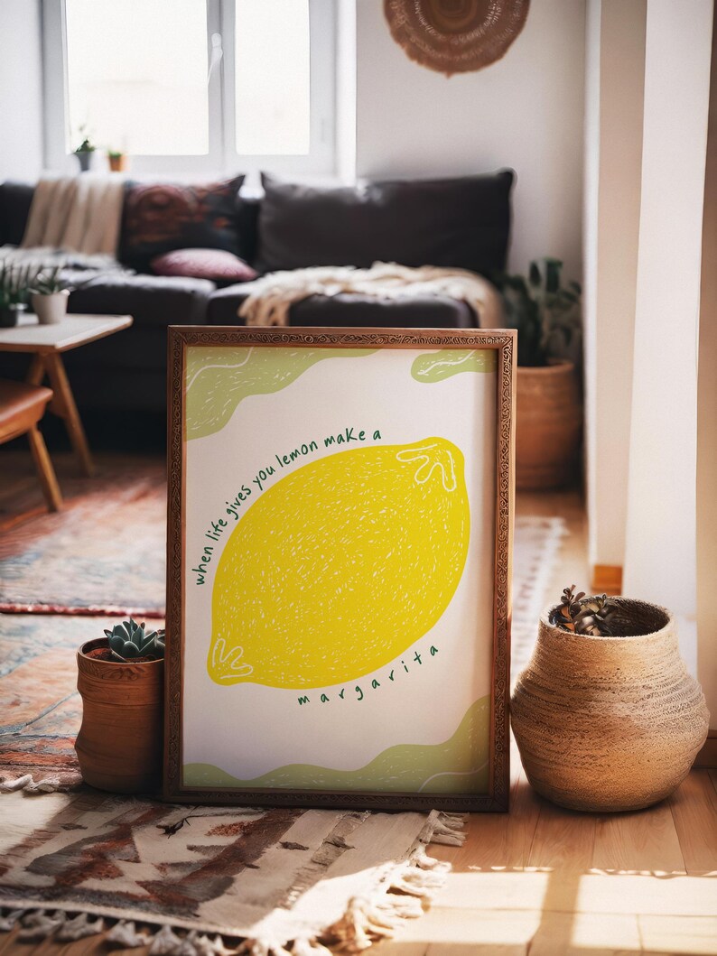 Yellow Lemon Hand Drawn Kitchen Wall Art, Digital Modern Kitchen Decor ...
