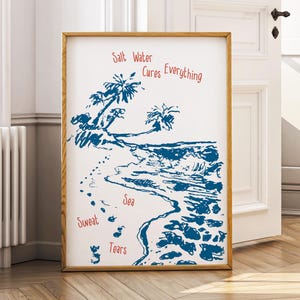 Arte de pared con agua salada que lo cura todo, arte de pared imprimible minimalista con conchas azules, impresión estética costera, póster de verano mediterráneo