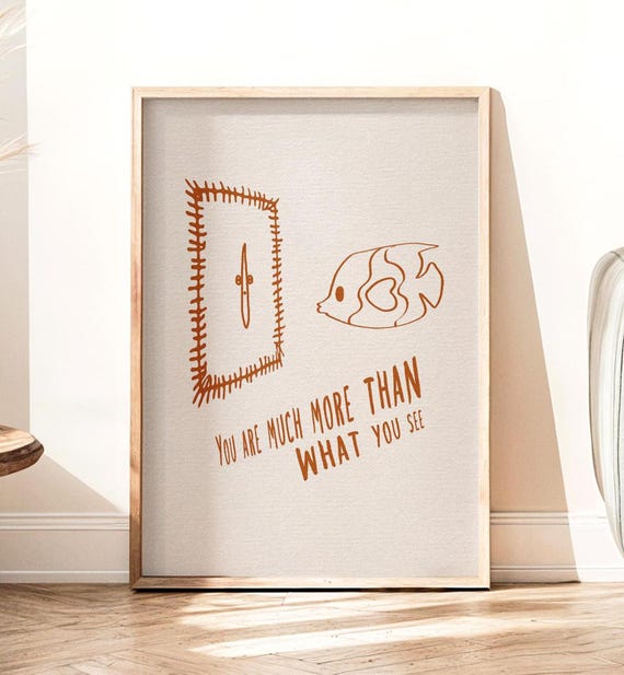 Eclectic Fish and Mirror Wall Art, Retro Orange Line Drawing  display picture 1