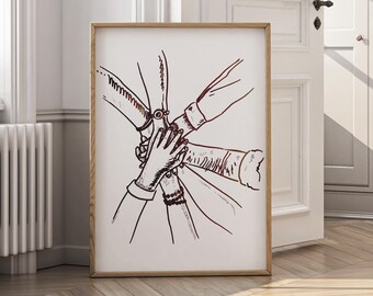Teamwork Hands Art Print, Retro Office Decor (Digital Download)