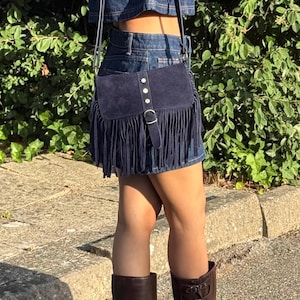 Navy Suede Crossbody Bag: Italian Leather Shoulder Bag with Adjustable Strap