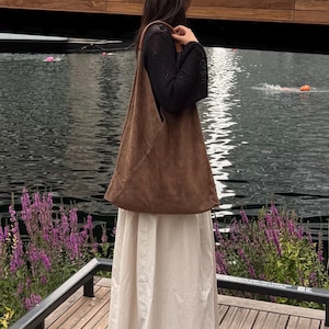 Taupe Large Genuine Italian Suede Tote Bag Everyday Practical Shoulder Bag Handmade Suede Shopper Bag Large Hobo Bag for Laptop
