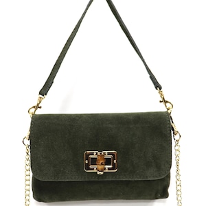 Clutch pequeño de ante verde: bolso bandolera o de hombro de piel de vaca italiana hecho a mano