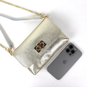 Petit sac à main en cuir véritable métallisé doré avec bretelles amovibles Pochette, bandoulière, sac en cuir fait main Sac à main élégant pour femme