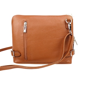 Beige Braune Rechteckige Umhängetasche aus Italienischem Leder mit verstellbaren Trägern Handgefertigte Klassische Handtasche aus Echtleder mit Reißverschlusstaschen