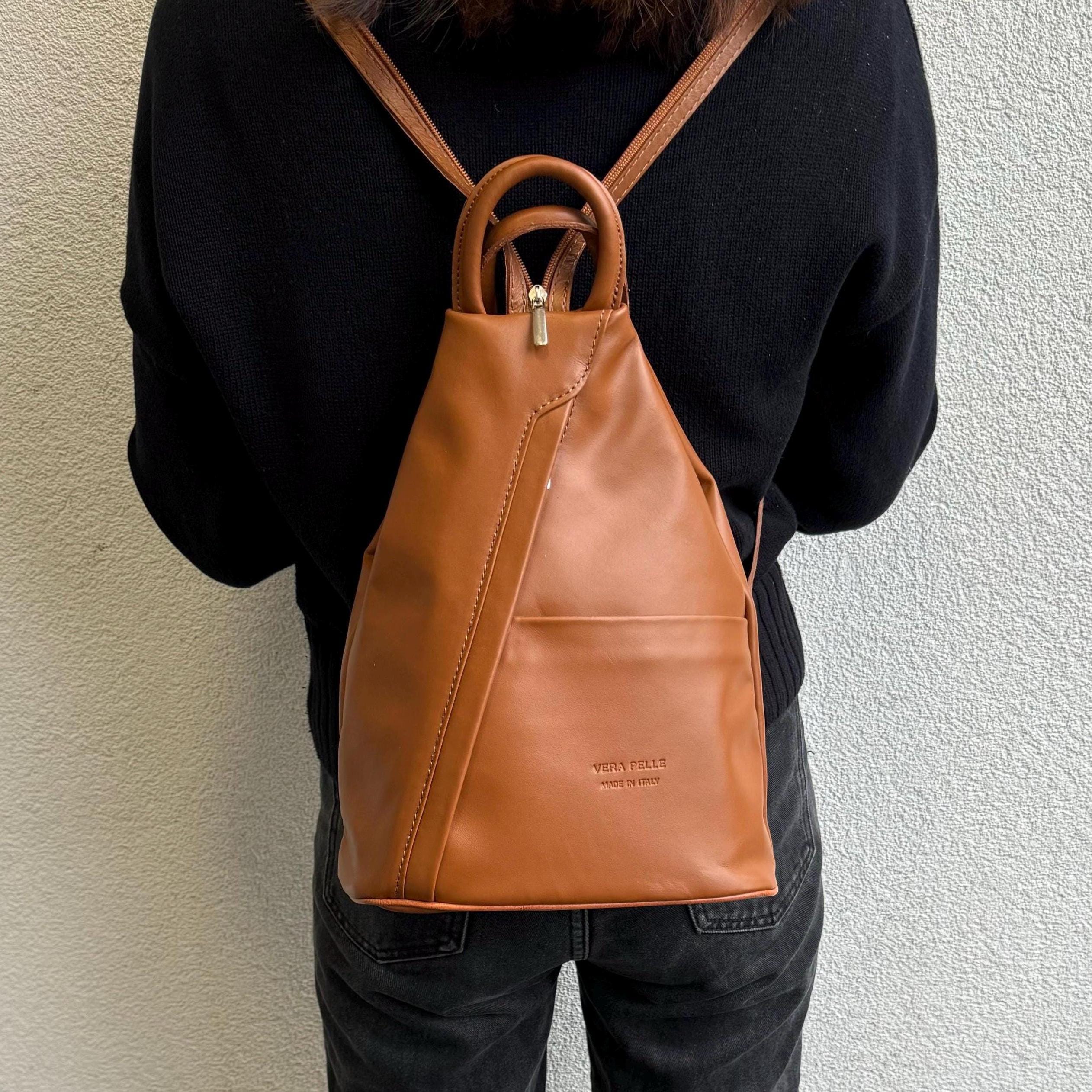 Vera Pelle Tan Brown Italian Soft Leather Backpack Handcrafted Genuine Leather Rucksack Women's Leather Beige Everyday Casual Backpack