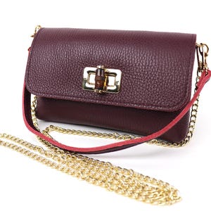Kleine Burgunder-Handtasche aus echtem Leder mit abnehmbaren Riemen Handgefertigte Leder Clutch, Schulter, Crossbody Bag Elegante Damenhandtasche