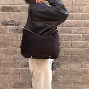 Handmade Chocolate Brown Italian Suede Shoulder Bag with Gold Hardware and Adjustable Straps