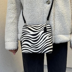 Zebra print Genuine Suede Leather Handbag with Detachable Straps Italian Suede Crossbody Bag Classic Suede Handbag Elegant Women's Bag