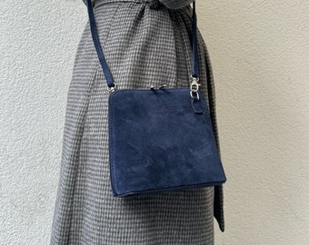 Small Navy Genuine Italian Suede Leather Handbag with Detachable Straps, Suede Crossbody Bag, Classic Blue Handbag, Elegant Women's Handbag