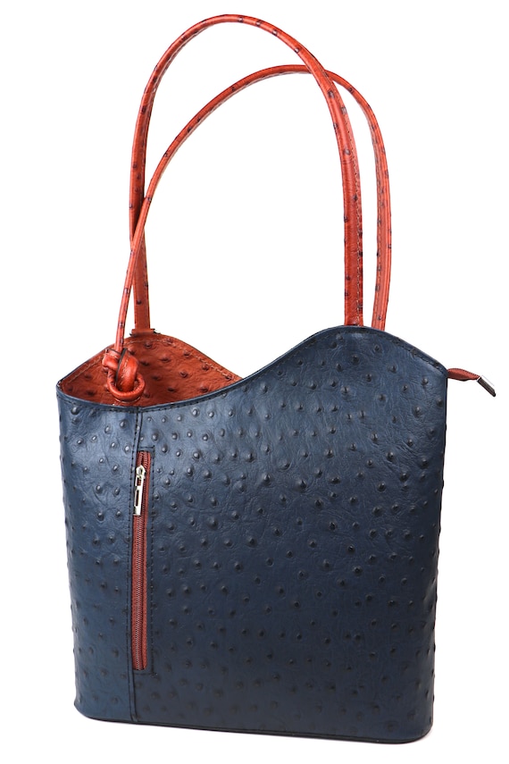 Navy Tan Ostrich Italian Leather Convertible Handbag Genuine Leather Backpack Classic Navy Blue Shoulder Bag Elegant Women s Multi wear Bag Etsy