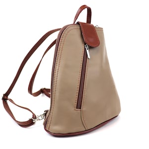 Small Taupe and Tan Italian Soft Leather Backpack Handcrafted Genuine Leather Rucksack Women&#39;s Leather Taupe Everyday Casual Backpack