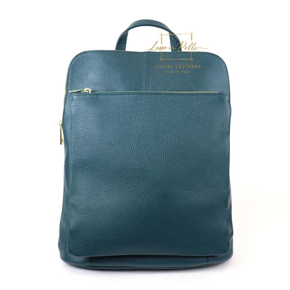 Dark Teal Pebbled Rucksack: Handmade Italian Leather  display picture 1