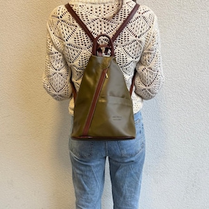 Olive/Tan Vera Pelle Italian Soft Leather Backpack Handcrafted Genuine Leather Rucksack Women&#39;s Leather Black Everyday Casual Backpack