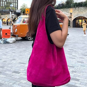 Echte italienische Wildleder-Einkaufstasche in Fuchsia Echtleder Handgefertigt Jeden Tag Leder Wildleder Hobo Tasche Umhängetasche Große Tasche Geschenk Für Ihre Laptop-Tasche