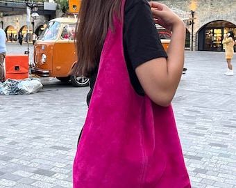 Fuchsia Pink Genuine Italian Suede Tote Bag Everyday Leather Suede Hobo Bag Unisex Shoulder Bag Large Bag Gift For Her and Him Laptop Bag