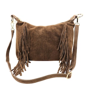 Taupe Suede Crossbody Bag: Boho Tassel Messenger Bag, Leather Shoulder Purse