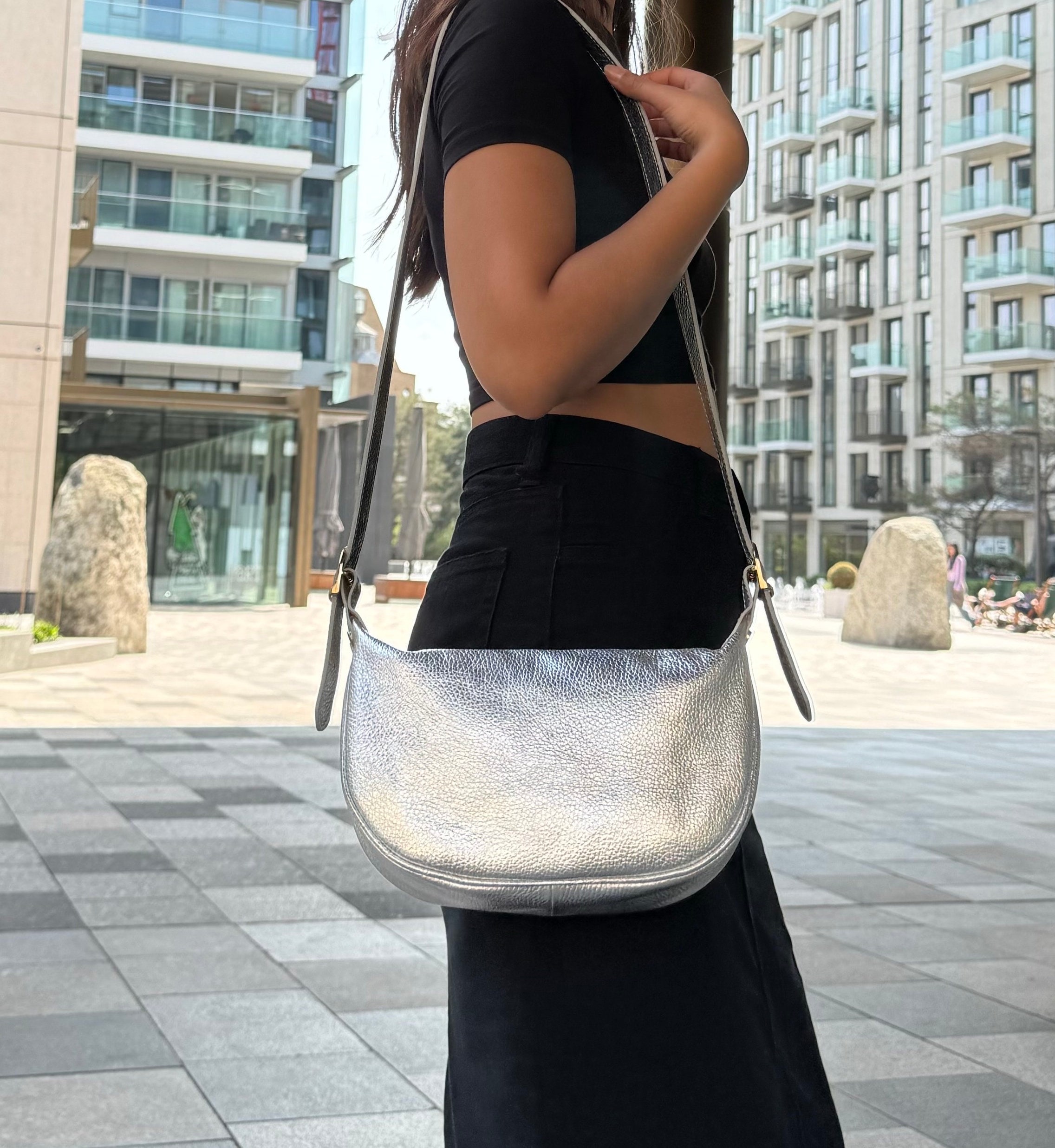 Half Moon Silver Genuine Leather Handbag With Detachable