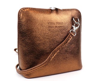 Small Bronze Metallic Italian Leather Handbag with Detachable Straps Genuine Leather Crossbody Bag Classic Shiny Handbag Elegant Women&#39;s Bag