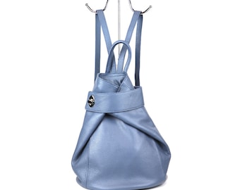 Light Blue Genuine Italian Pebbled Leather Backpack Laptop Casual Backpack Handcrafted Backpack Women's Leather Rucksack Everyday Backpack