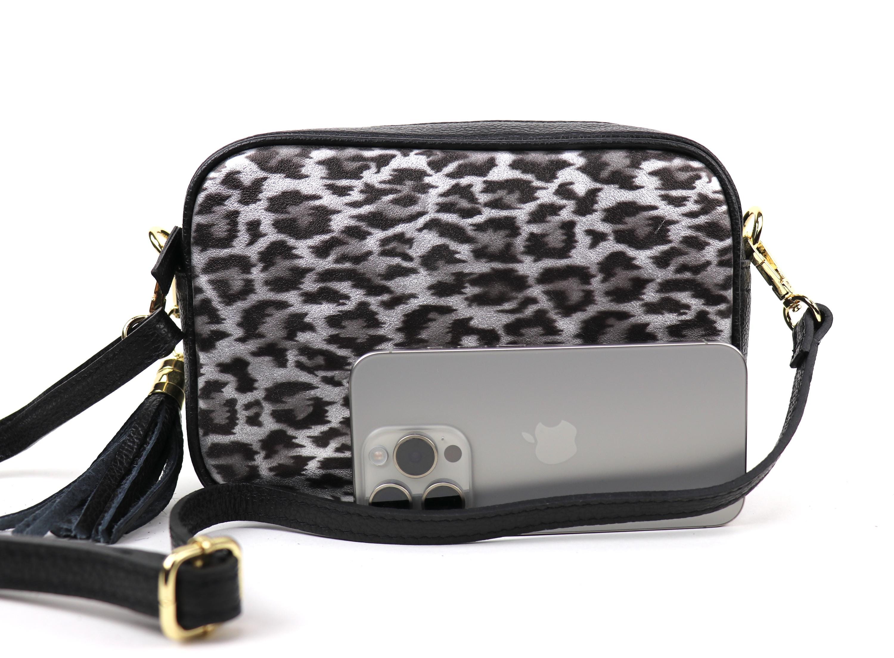 AUSDIO★韓国人気 Silver Chain Frame Bag Leopard/Black Silver Leopard Print Italian Leather Crossbody Bag Black