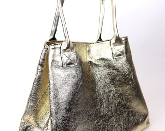 Gold Italienische Leder Shopper Tasche: Handgefertigte Metallic