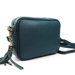 Italian Leather Crossbody Bag: Dark Turquoise Pebbled Leather, Gold Hardware