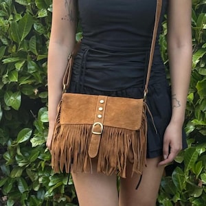 Italian Suede Fringe Crossbody Bag: Tan Handmade Shoulder Bag