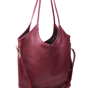 Sac fourre-tout en cuir véritable bordeaux rubis Sac à bandoulière en cuir pratique au quotidien Grand sac à bandoulière Cadeau pour elle Sac d'école et de travail élégant