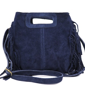 Navy Blue Boho Suede Tassel Handbag with Adjustable and Detachable Straps Genuine Suede Crossbody Bag Classic Handbag Elegant Women&#39;s Bag
