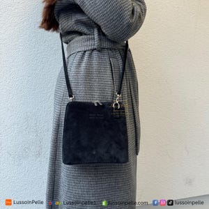 Small Black Italian Suede Leather Handbag with Detachable Straps Genuine Suede Crossbody Bag Classic Black Handbag Elegant Women&#39;s Handbag