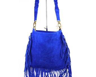 フリンジ付きロイヤルブルースエードショルダーバッグ：真鍮金具付き