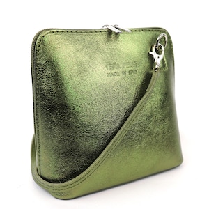 Petit sac à main en cuir italien métallisé olive avec bretelles amovibles Sac à bandoulière en cuir véritable Sac à main brillant classique Sac pour femme élégant