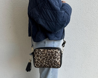 Silver Leopard Print Italian Leather Crossbody Bag Black