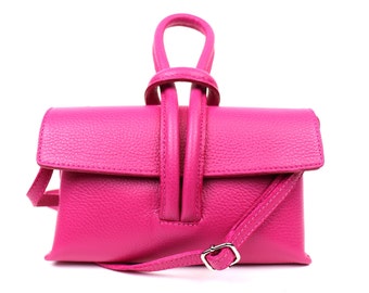 Fuchsia Pink Italian Leather Handbag with Detachable Straps Handmade Leather Versatile Clutch Top Handle Bag Elegant Women's Crossbody Bag