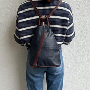 Navy and Tan Vera Pelle Italian Soft Leather Backpack Handcrafted Genuine Leather Rucksack Navy Women&#39;s Leather Everyday Casual Backpack