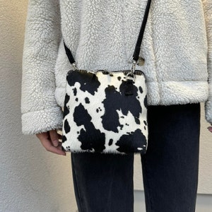 Black and White Cow Print Genuine Suede Leather Handbag with Detachable Straps Suede Crossbody Bag Classic Suede Elegant Women&#39;s Handbag