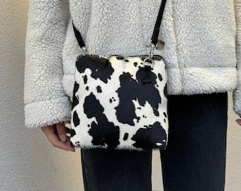 Black and White Cow Print Genuine Suede Leather Handbag with Detachable Straps Suede Crossbody Bag Classic Suede Elegant Women s Handbag