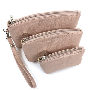 Handmade Dusty Pink Genuine Italian Leather Wristlet Three Set Compact Travel Bag Women&#39;s Small Leather Clutch Bag with Strap Gift For Her
