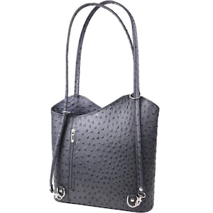 Graue Straußenstil-italienische Leder-Cabrio-Handtasche aus echtem Leder.Rucksack Klassische graue Schultertasche Elegante Damen-Multi-Wear-Tasche