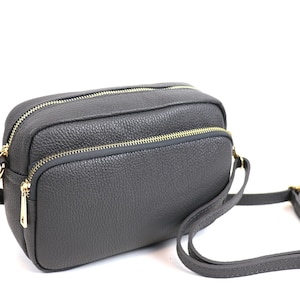 Dark Grey Double Zip Italian Leather Handbag with Detachable Straps Genuine Leather Crossbody Bag Classic Grey Handbag Elegant Women&#39;s Bag