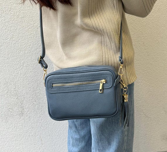 Denim Blue Italian Leather Box Bag: Handmade Minimalist Shoulder Bag