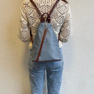 Denim/Tan Vera Pelle Italian Soft Leather Backpack Handcrafted Genuine Leather Rucksack Women&#39;s Leather Black Everyday Casual Backpack