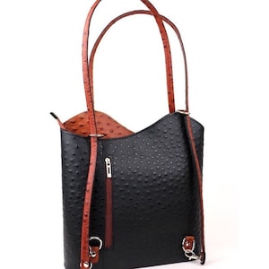 Schwarz Tan Strauß Italienische Leder Cabrio Handtasche aus echtem Leder Rucksack klassische schwarze Schultertasche elegante Damen Multi-Wear Bag