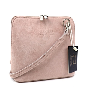 Kleine Staubrosa Echte Italienische Wildlederhandtasche mit Abnehmbaren Riemen Wildleder Umhängetasche Klassische Handtasche Elegante Damenhandtasche