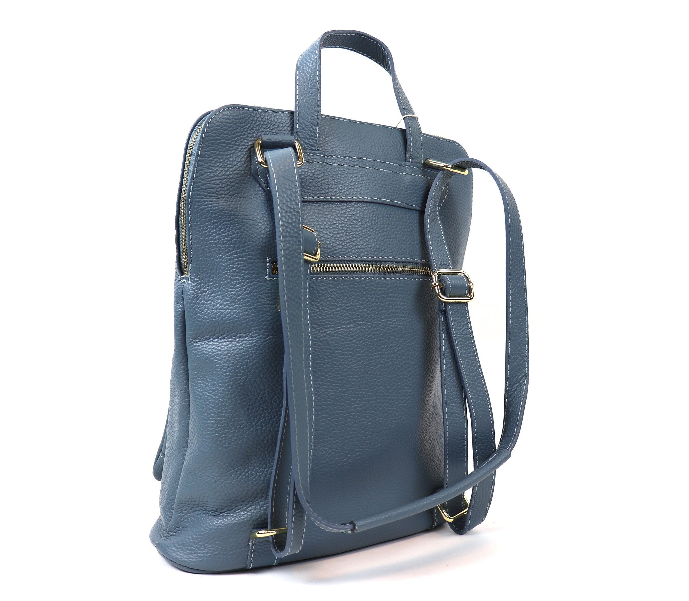 ハンドメイドデニムブルーイタリアンレザーバックパック：多機能