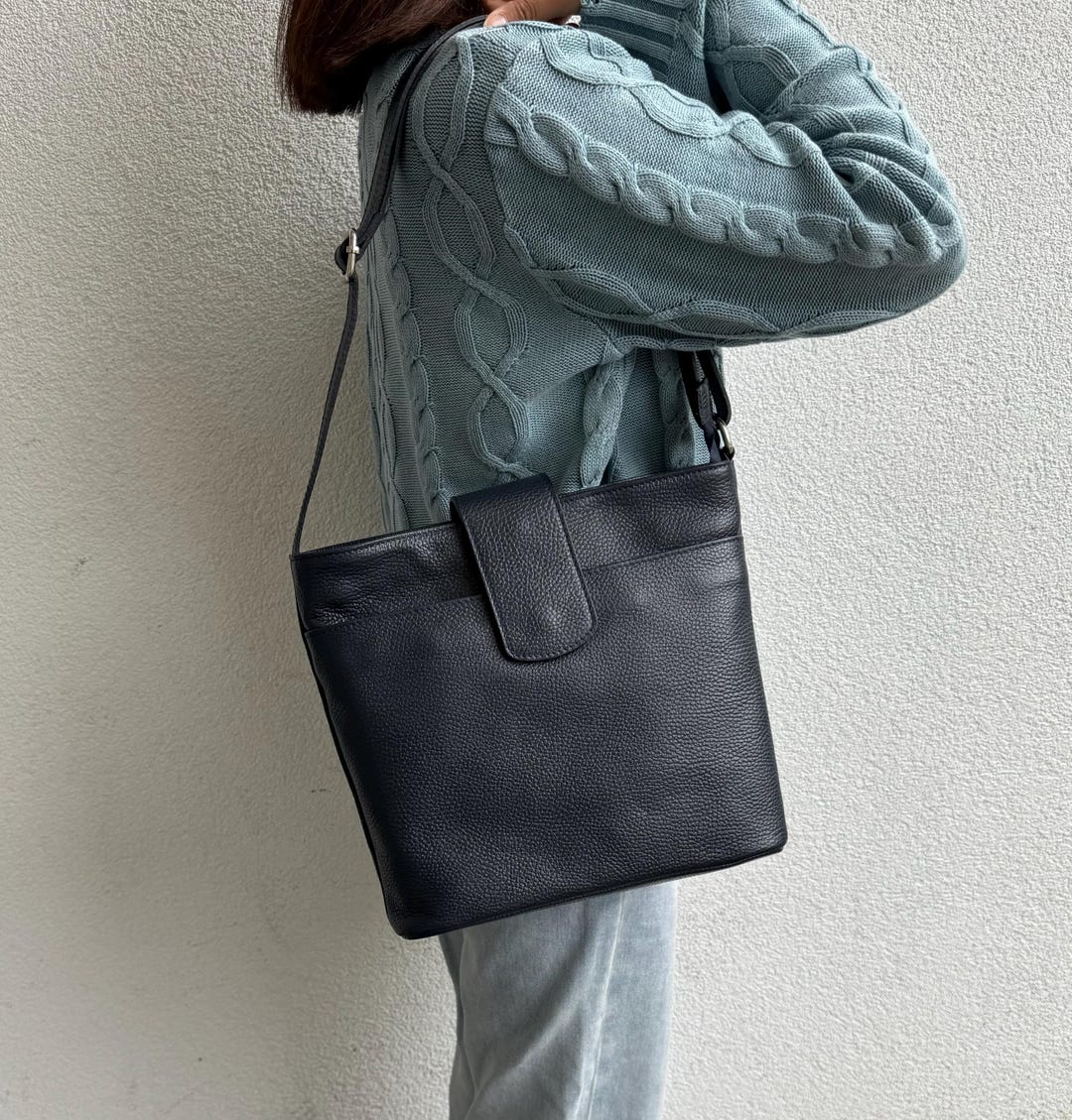 Woven Leather Navy Blue Crossbody Bag