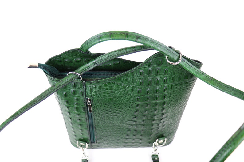 Dark Green Crocodile Italian Leather Convertible Handbag Genuine